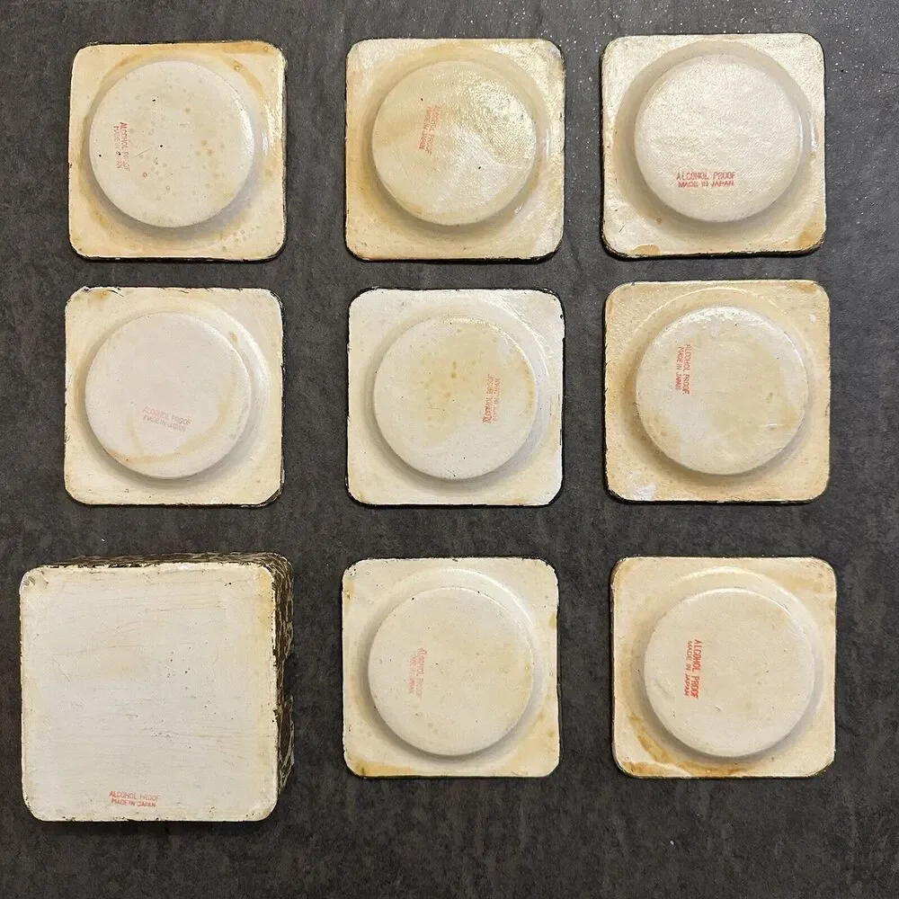 Vtg MCM Alcohol Proof Japan Coaster Set of 8 Floral Birds Paper Mache Barware‎